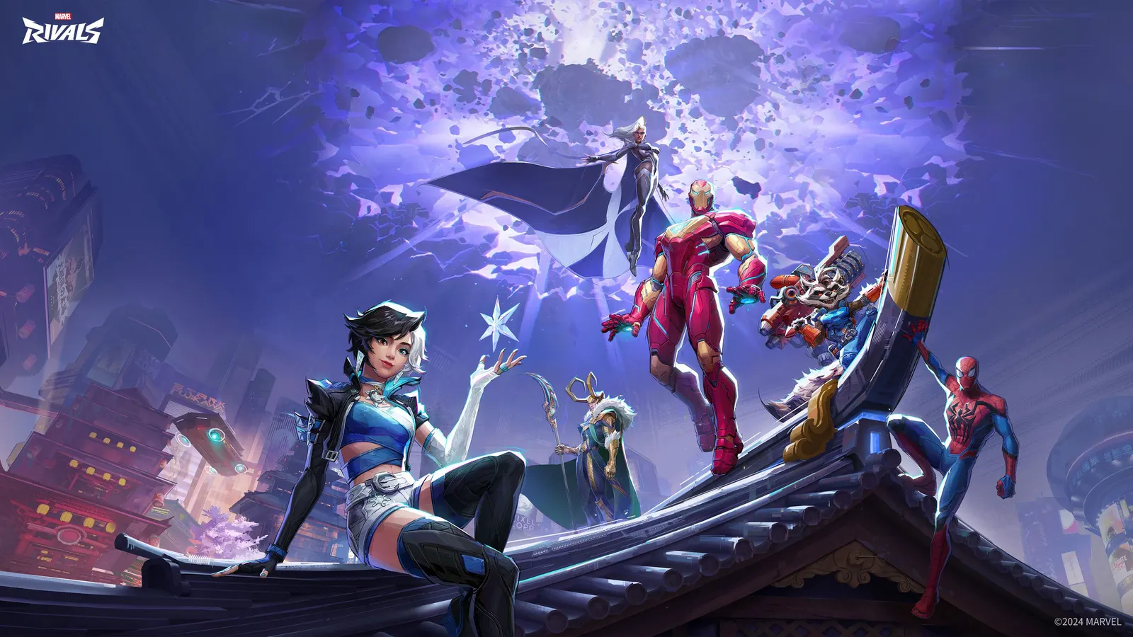 Marvel Rivals key art of heroes on a Tokyo 2099 rooftop